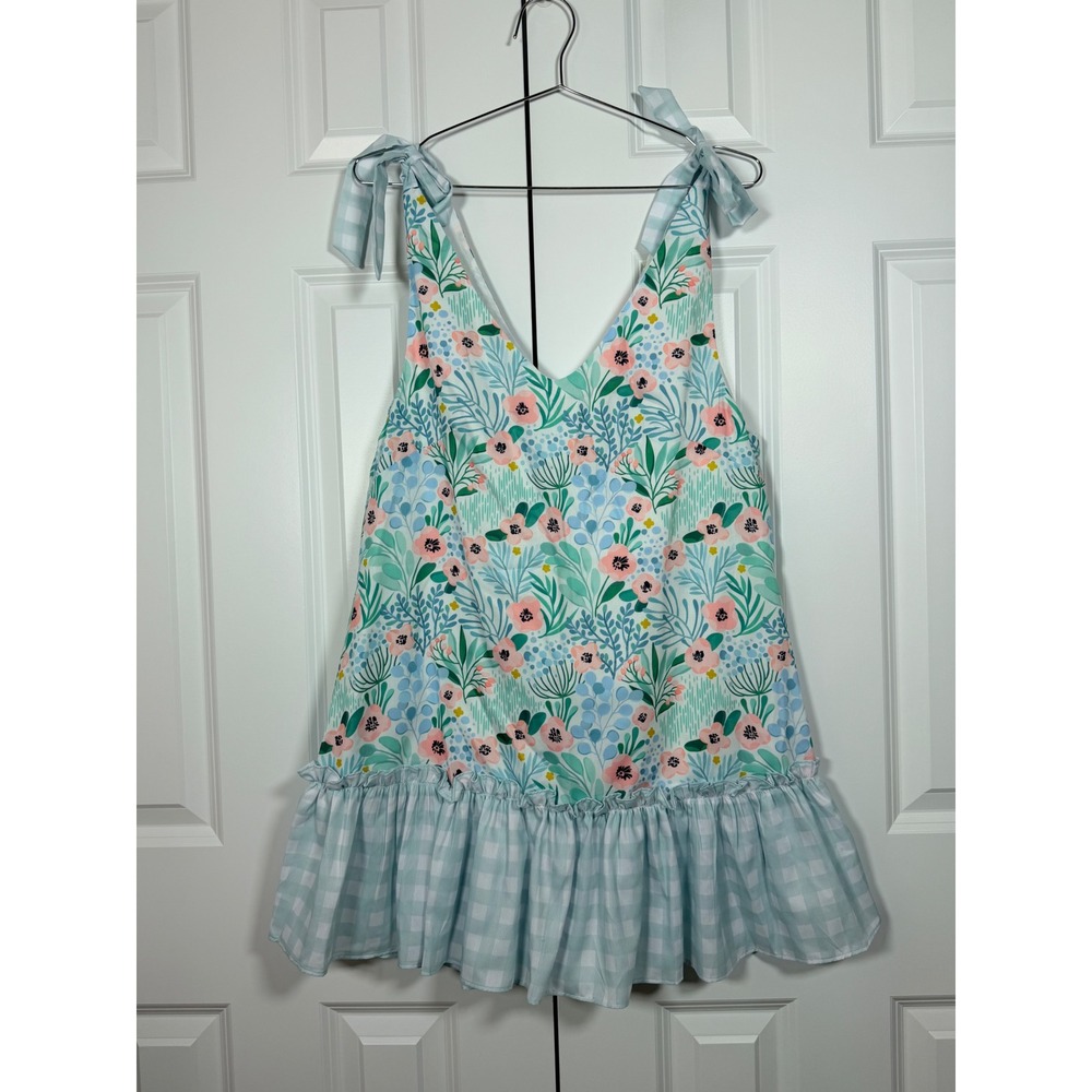 Busy Bees Smocks Womens Small Floral Gingham Tie Shoulder Ruffle Hem V-Neck Top